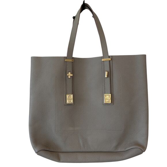 India Hicks Taupe Pebbled Leather Shoulder Tote Bag Gold Accents - Picture 1 of 9